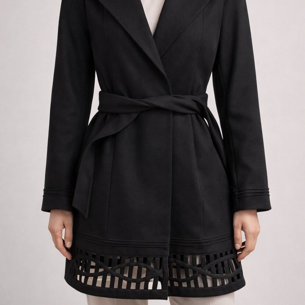 Calvin Klein Black Wool Blend Wrap Coat Belted